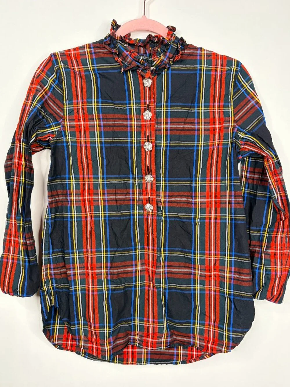 2/$30 J. Crew Classic-fit Ruffleneck Jewel-Button Popover Stewart Tartan #A3151